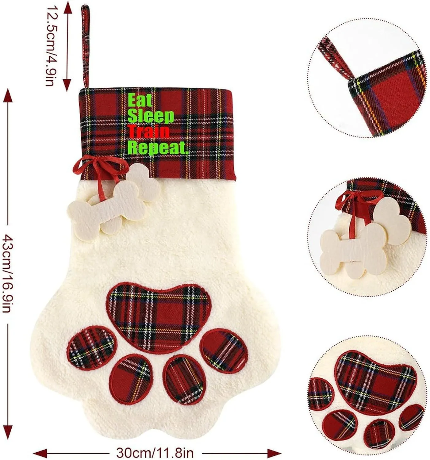 Eat Train Sleep Repeat Christmas Stockings Pet Paws Xmas Hanging Ornaments Candy Bag for Holiday Party Decor