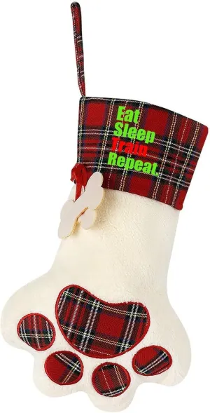 Eat Train Sleep Repeat Christmas Stockings Pet Paws Xmas Hanging Ornaments Candy Bag for Holiday Party Decor