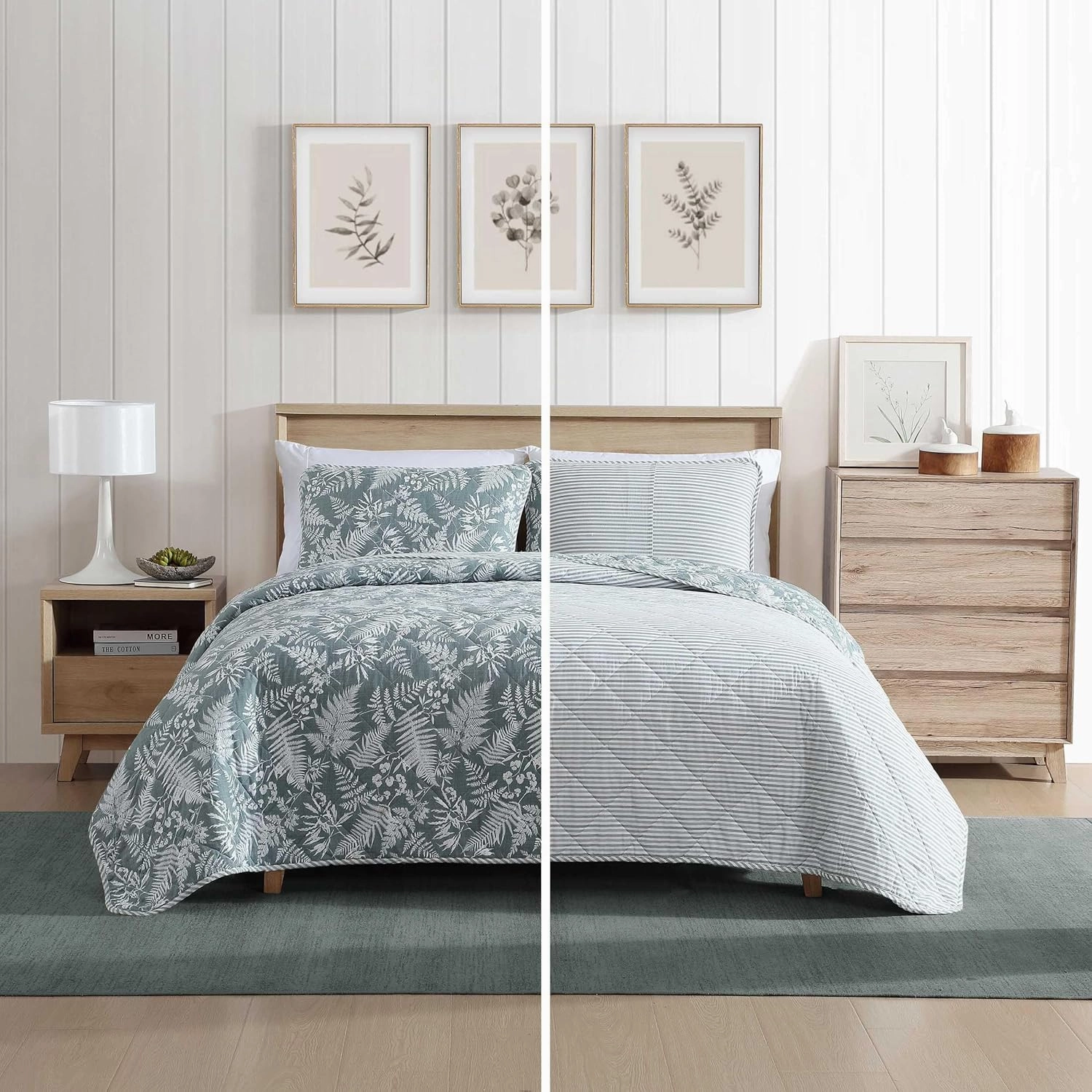 Eddie Bauer - King Quilt Set, Reversible Cotton Bedding with Matching Shams, Wildflower Inspired Home Decor with Stripe Reverse (Fern Garden Green, King)