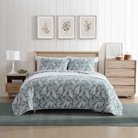 Eddie Bauer - King Quilt Set, Reversible Cotton Bedding with Matching Shams, Wildflower Inspired Home Decor with Stripe Reverse (Fern Garden Green, King)