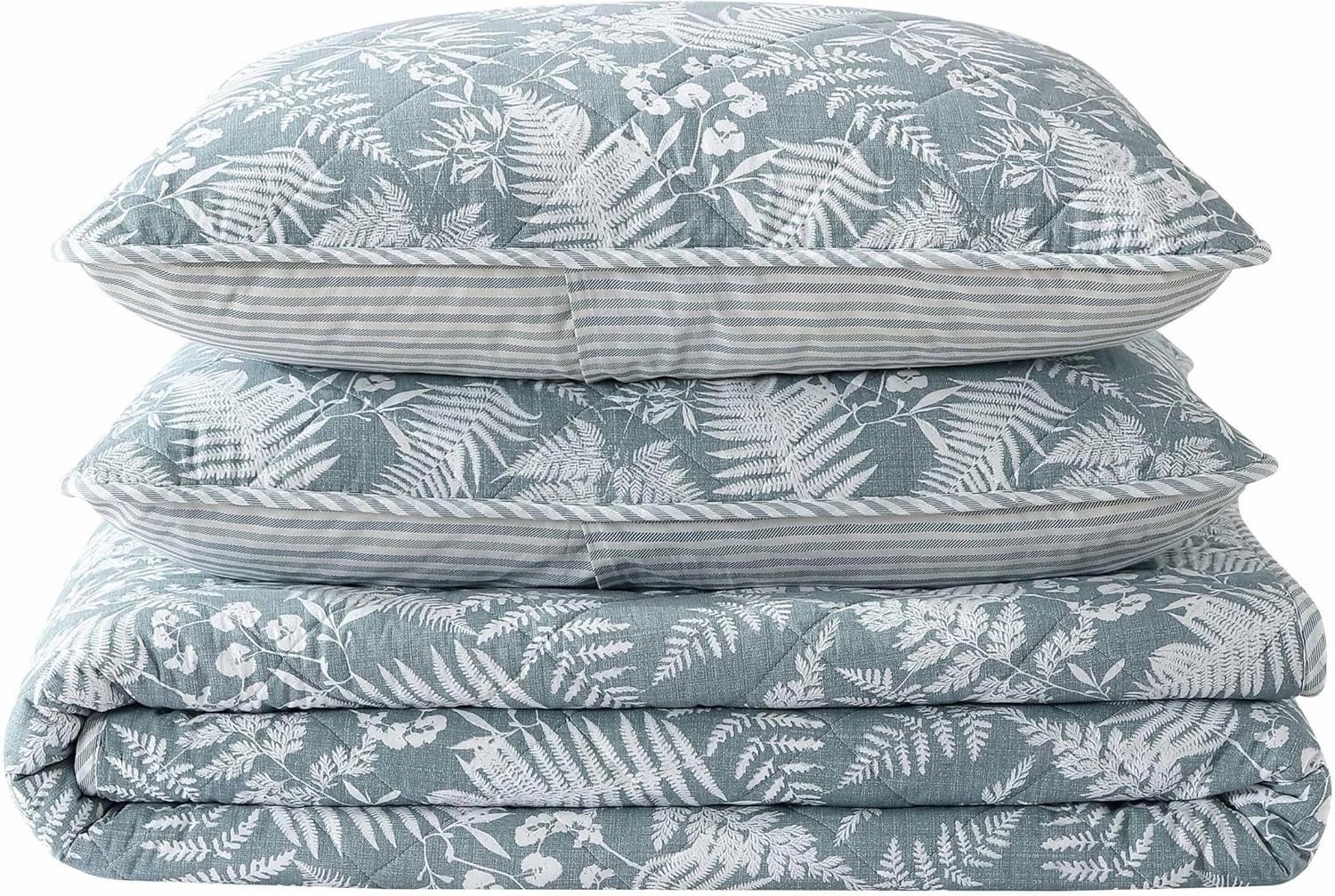 Eddie Bauer - King Quilt Set, Reversible Cotton Bedding with Matching Shams, Wildflower Inspired Home Decor with Stripe Reverse (Fern Garden Green, King)