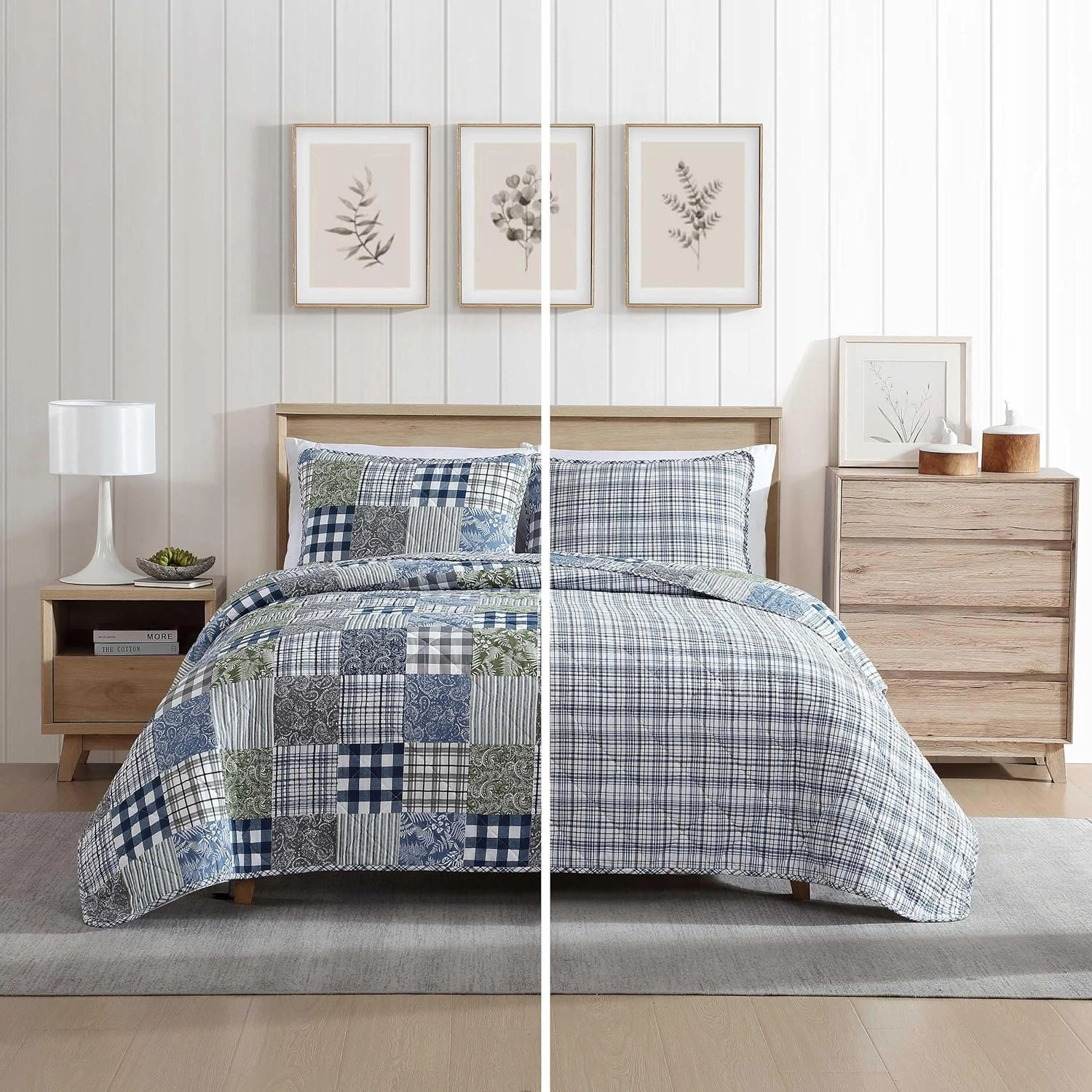 Eddie Bauer - Twin Quilt Set, Reversible Cotton Bedding with Matching Sham, Patchwork Home Decor with Plaid Reverse (Cozy Plaid Patchwork Blue/Green, Twin)