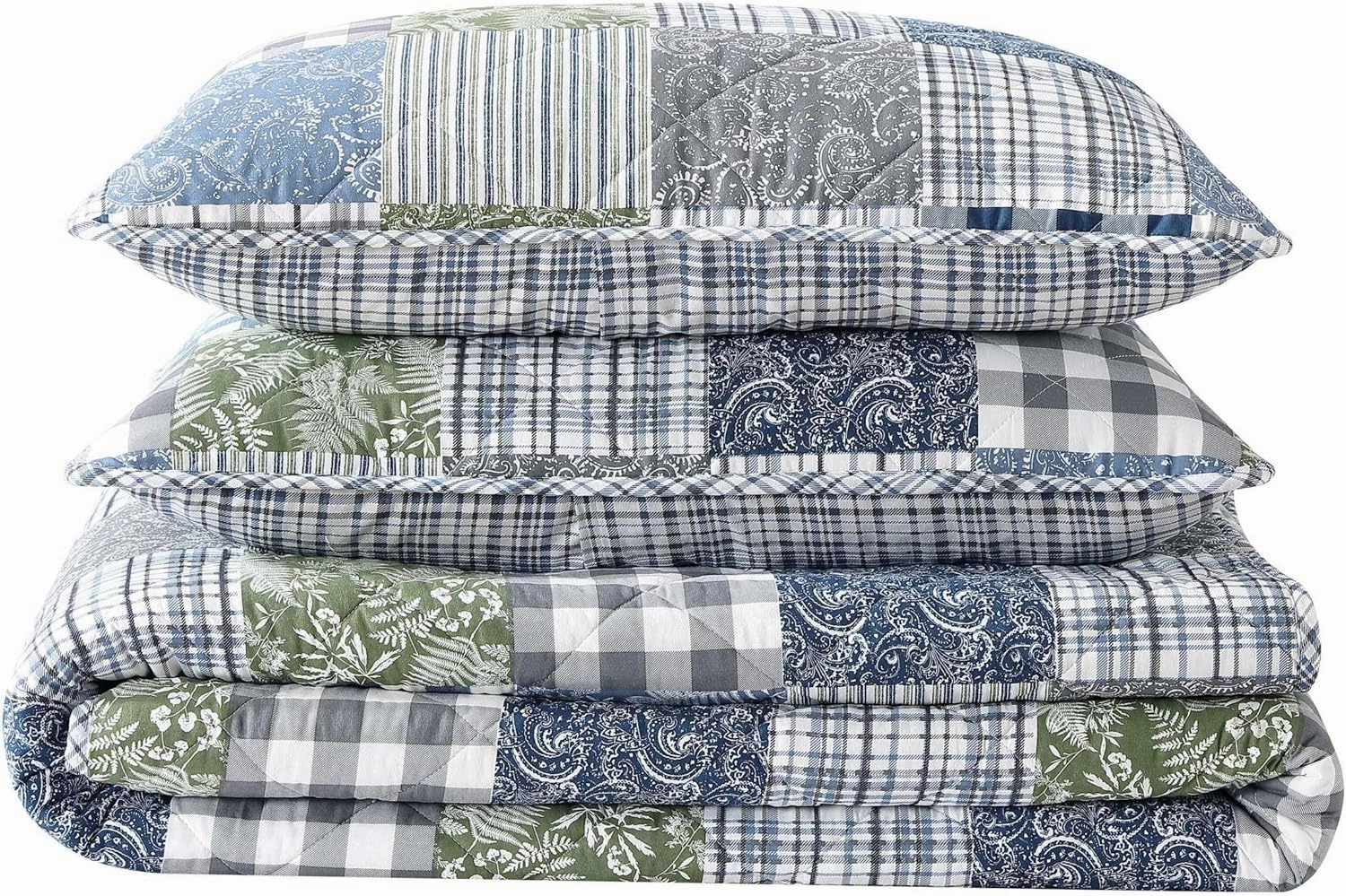 Eddie Bauer - Twin Quilt Set, Reversible Cotton Bedding with Matching Sham, Patchwork Home Decor with Plaid Reverse (Cozy Plaid Patchwork Blue/Green, Twin)