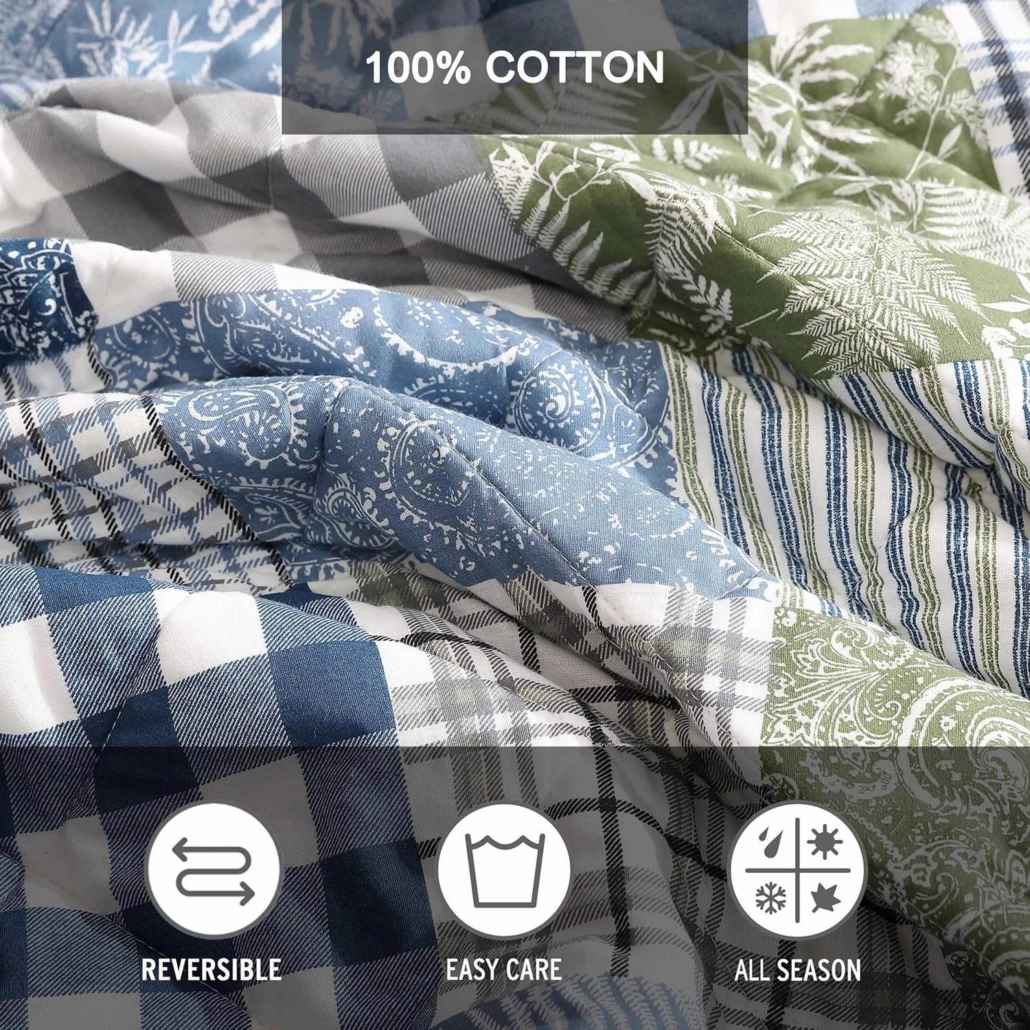 Eddie Bauer - Twin Quilt Set, Reversible Cotton Bedding with Matching Sham, Patchwork Home Decor with Plaid Reverse (Cozy Plaid Patchwork Blue/Green, Twin)