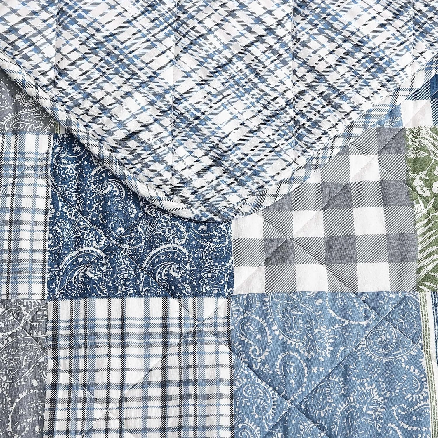 Eddie Bauer - Twin Quilt Set, Reversible Cotton Bedding with Matching Sham, Patchwork Home Decor with Plaid Reverse (Cozy Plaid Patchwork Blue/Green, Twin)