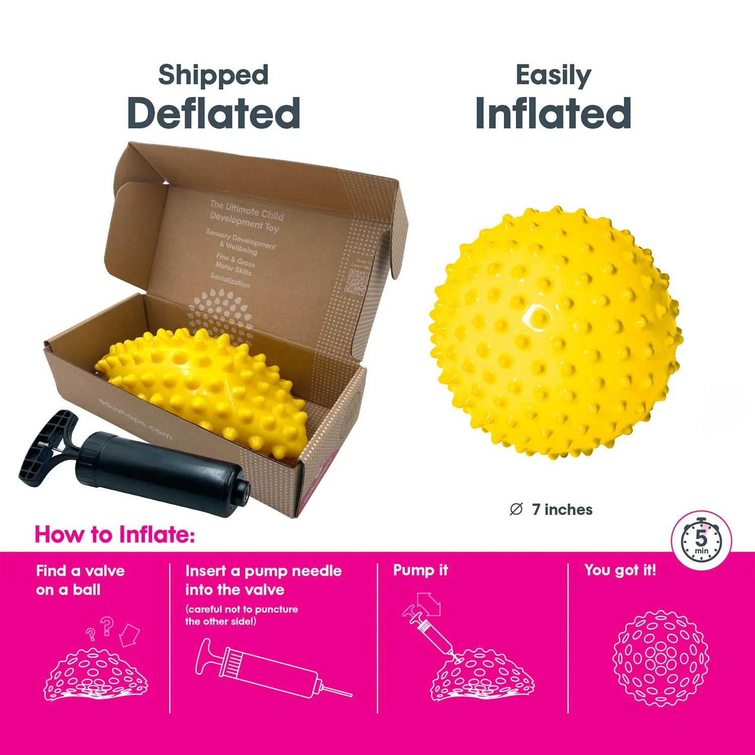 Edushape Original Sensory Ball for Baby - 7" Deflated with Pump, Yellow, Enhances Gross Motor Skills for Kids 6 Months & Up