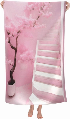 EkcoS Cherry Blossom White Staircase Microfiber Absorbent Bath Towel,Soft and Absorbent, Towels for Bathroom, Gym, Hotel, and Spa (32x52inches)