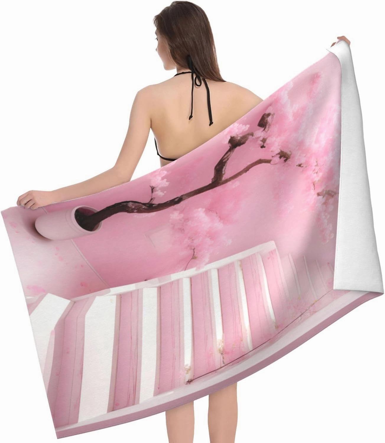 EkcoS Cherry Blossom White Staircase Microfiber Absorbent Bath Towel,Soft and Absorbent, Towels for Bathroom, Gym, Hotel, and Spa (32x52inches)