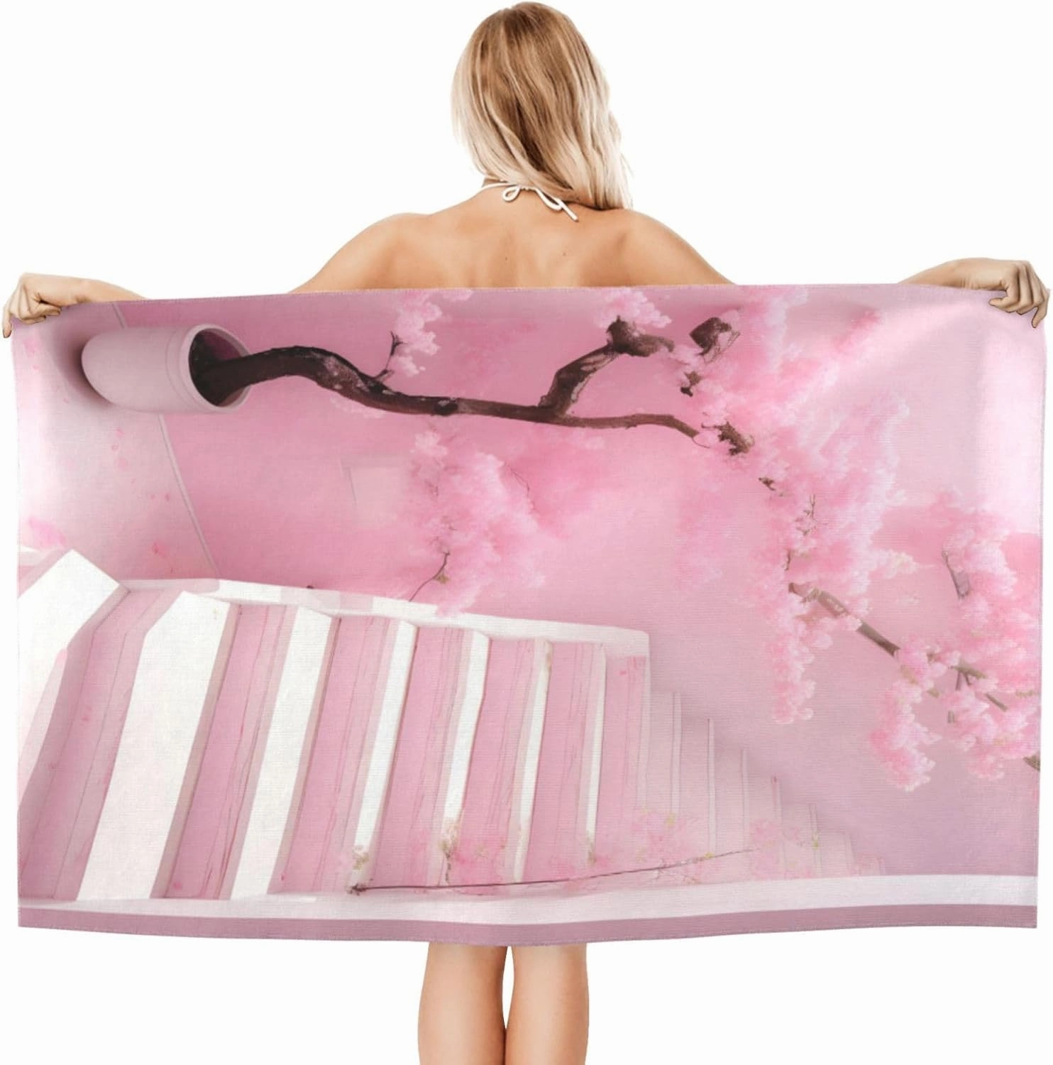 EkcoS Cherry Blossom White Staircase Microfiber Absorbent Bath Towel,Soft and Absorbent, Towels for Bathroom, Gym, Hotel, and Spa (32x52inches)
