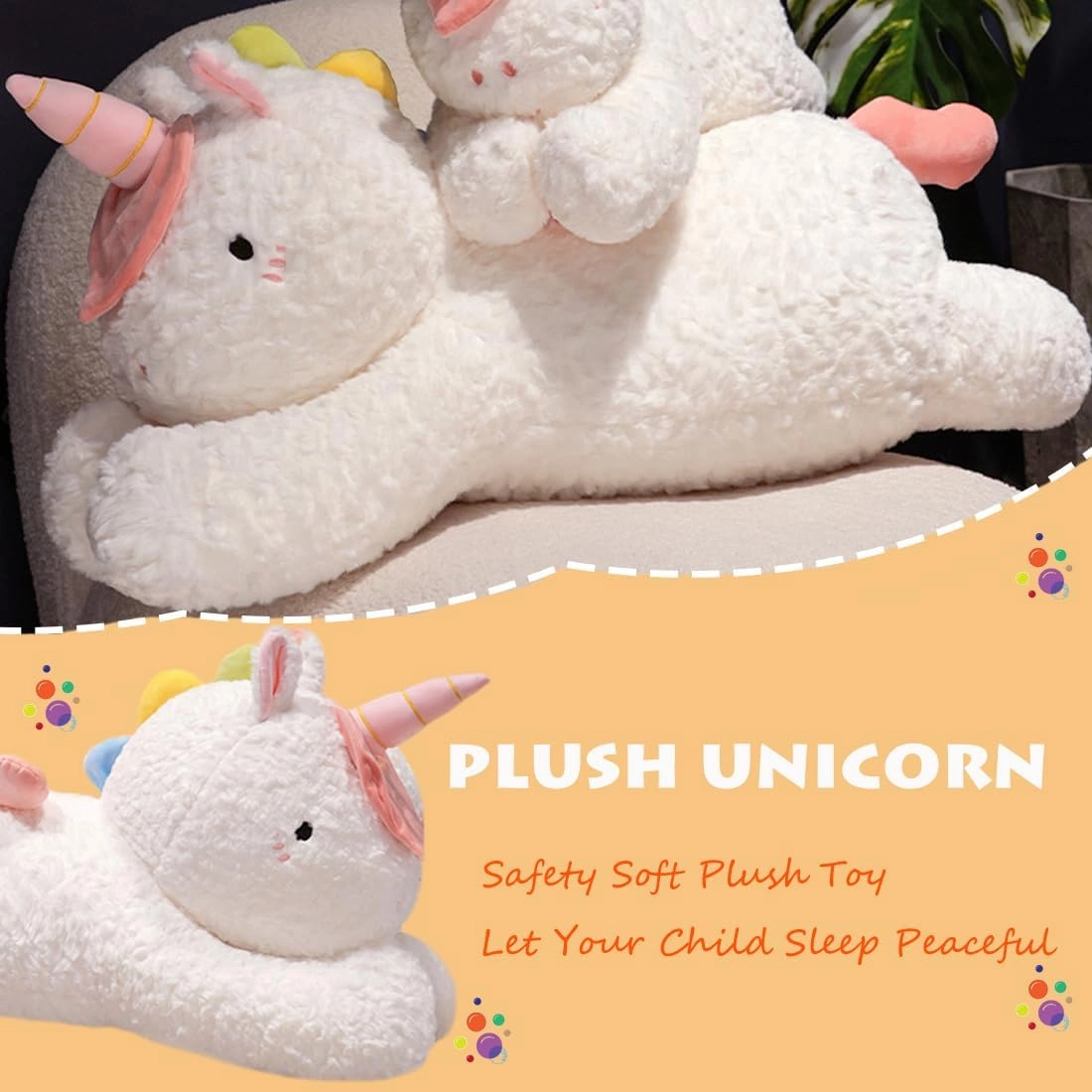 ELAINREN Ultra-Soft Unicorn Plush Sleeping Pillow, Large Lying Horse Stuffed Animals Toy, Furry White Unicorn Plushie Cushion Decor Gifts/23.6''