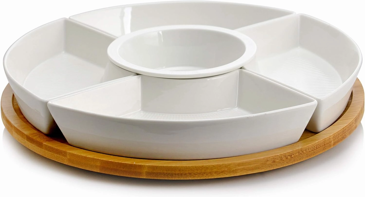 Elama Ceramic Stoneware Condiment Appetizer Set, 6, Center Piece Round in White and Natural Bamboo