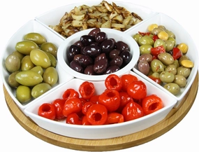 Elama Ceramic Stoneware Condiment Appetizer Set, 6, Center Piece Round in White and Natural Bamboo