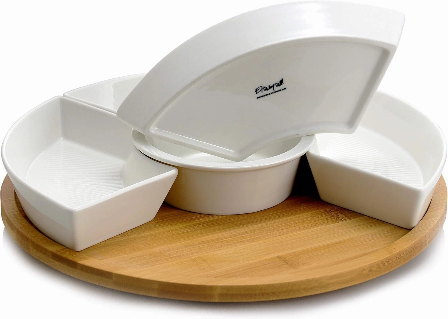 Elama Ceramic Stoneware Condiment Appetizer Set, 6, Center Piece Round in White and Natural Bamboo