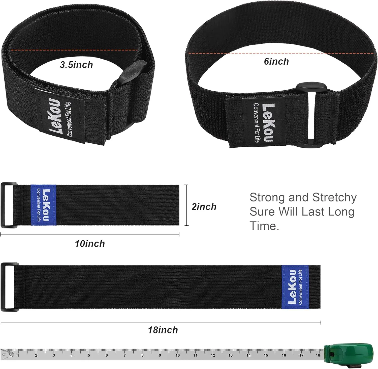 Elastic Cinch Straps Black 2" x 18" (8 Pack), Stretchy Hook and Loop Storage Straps Hook and Loop Cinch Strap with Buckle - Bicycle, Truck, Boat Extension Cords, Hoses Garage & RV Organization