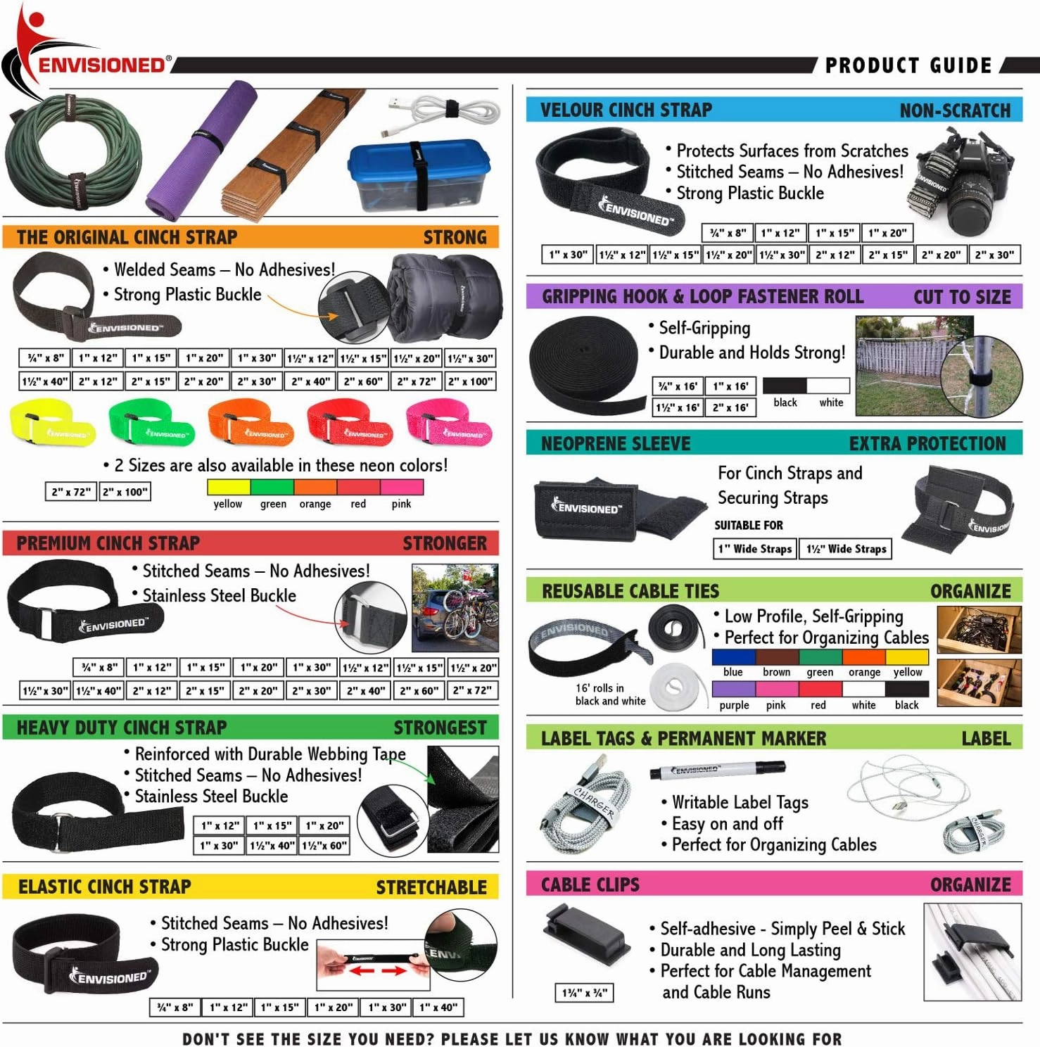 Elastic Reusable Cinch Straps 2" x 30" - 6 Pack Multipurpose Quality Hook and Loop Securing Straps