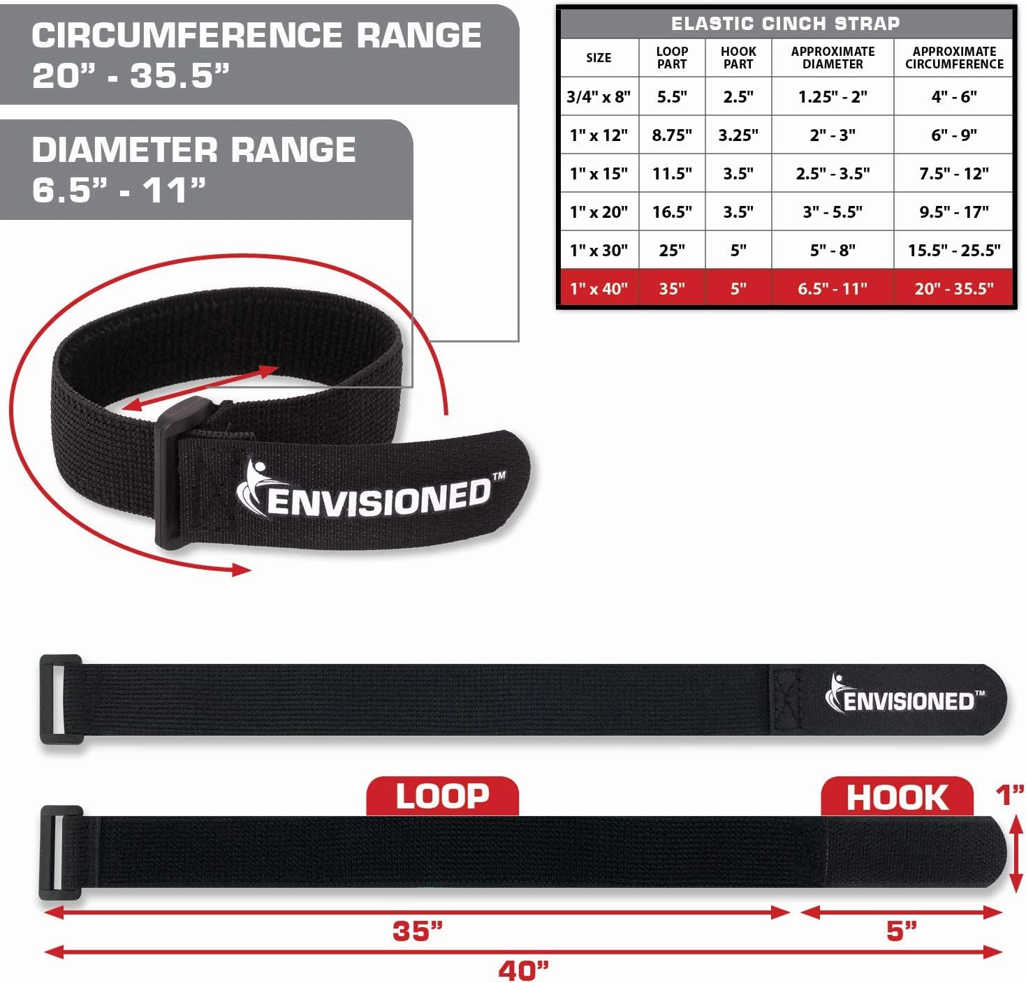 Elastic Reusable Cinch Straps 2" x 30" - 6 Pack Multipurpose Quality Hook and Loop Securing Straps