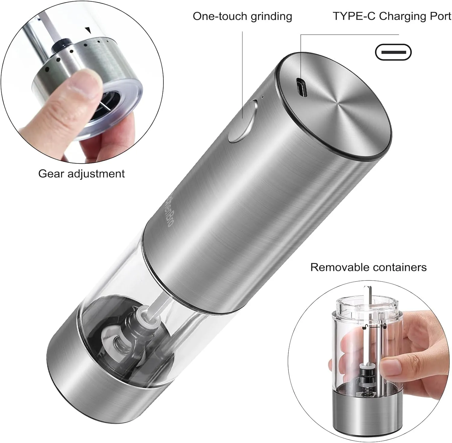 Electric Salt and Pepper Grinder Set 6 Levels Adjustable Coarseness Refillable Stainless Steel Auto Salt and Pepper Grinder Mill Usb Rechargeable with Lights