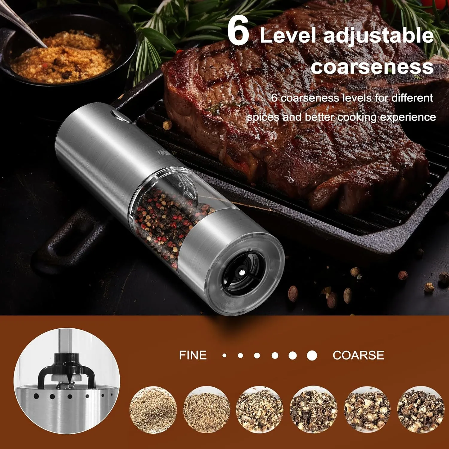 Electric Salt and Pepper Grinder Set 6 Levels Adjustable Coarseness Refillable Stainless Steel Auto Salt and Pepper Grinder Mill Usb Rechargeable with Lights