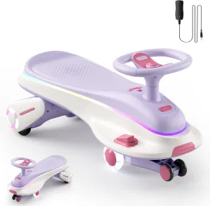 Electric Wiggle Car with Pedal, FasonBaby Wiggle Car for Kids, 2 in 1 Swing Car with LED Flashing Wheels, Rechargeable Battery, Anti-Rollover CyberWiggle for Ages 3 and Up (Purple)