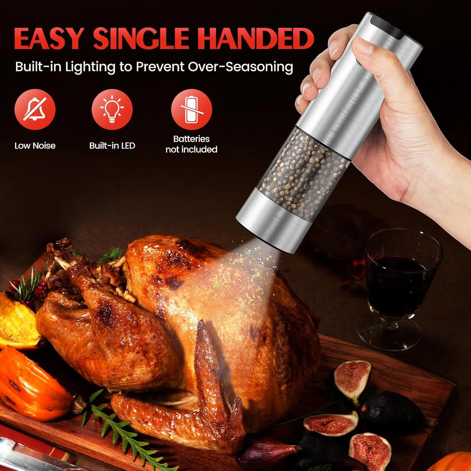 Electric Salt and Pepper Grinder Set Automatic Battery Pepper Mill Shakers Adjustable Coarseness Easy Filling Upgraded Larger Capacity with Led (2 Pack Stainless Steel）