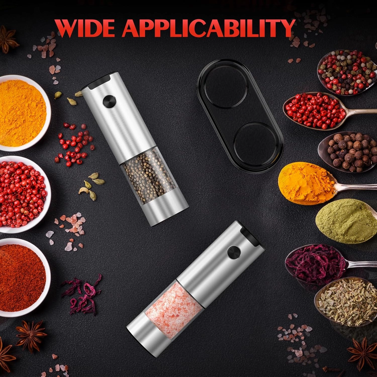 Electric Salt and Pepper Grinder Set Automatic Battery Pepper Mill Shakers Adjustable Coarseness Easy Filling Upgraded Larger Capacity with Led (2 Pack Stainless Steel）