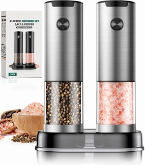 Electric Salt and Pepper Grinder Set Automatic Battery Pepper Mill Shakers Adjustable Coarseness Easy Filling Upgraded Larger Capacity with Led (2 Pack Stainless Steel）