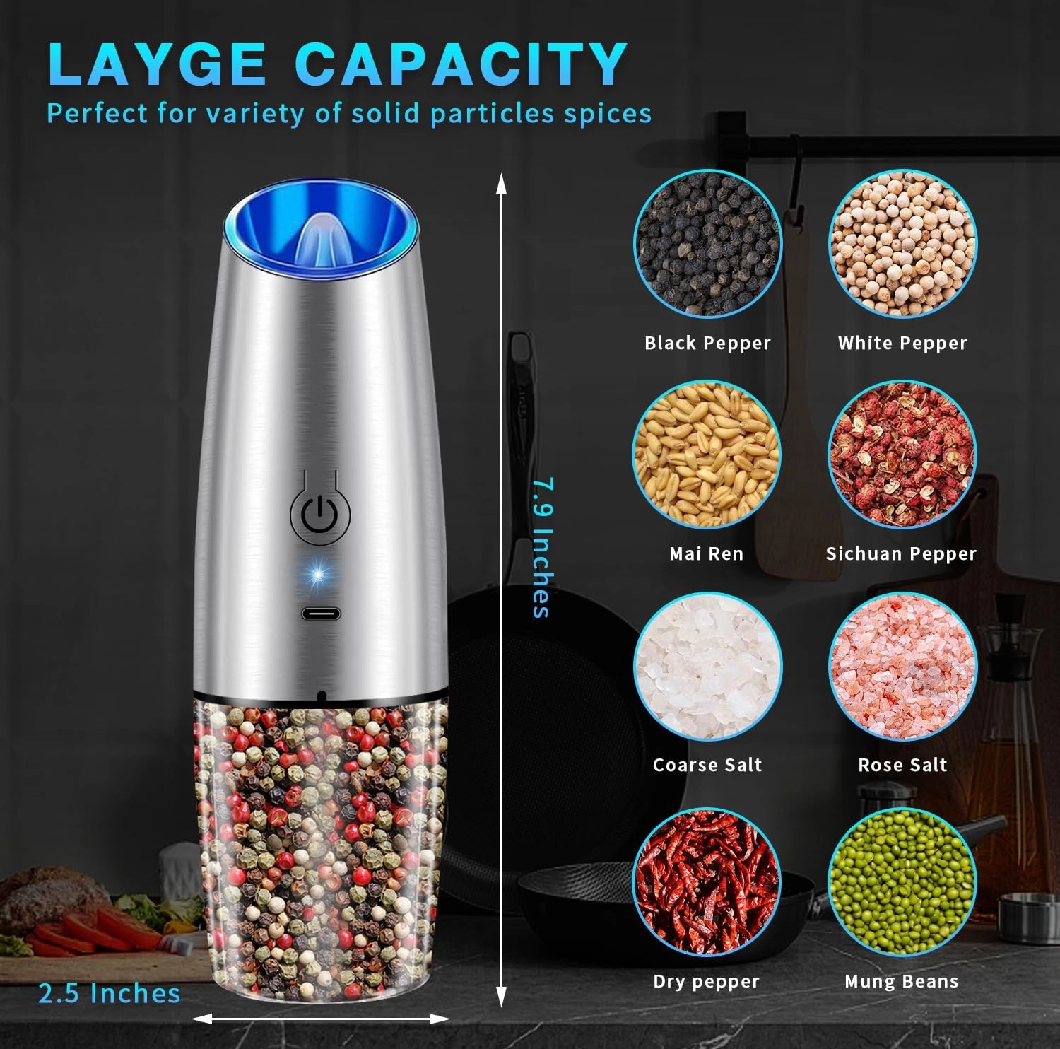 Electric Salt and Pepper Grinder Set, USB Rechargeable Pepper Mills with LED Light, Stainless Steel Automatic Spice Grinders Refillable Salt Shakers with Adjustable Coarseness Silver
