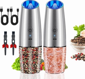 Electric Salt and Pepper Grinder Set, USB Rechargeable Pepper Mills with LED Light, Stainless Steel Automatic Spice Grinders Refillable Salt Shakers with Adjustable Coarseness Silver