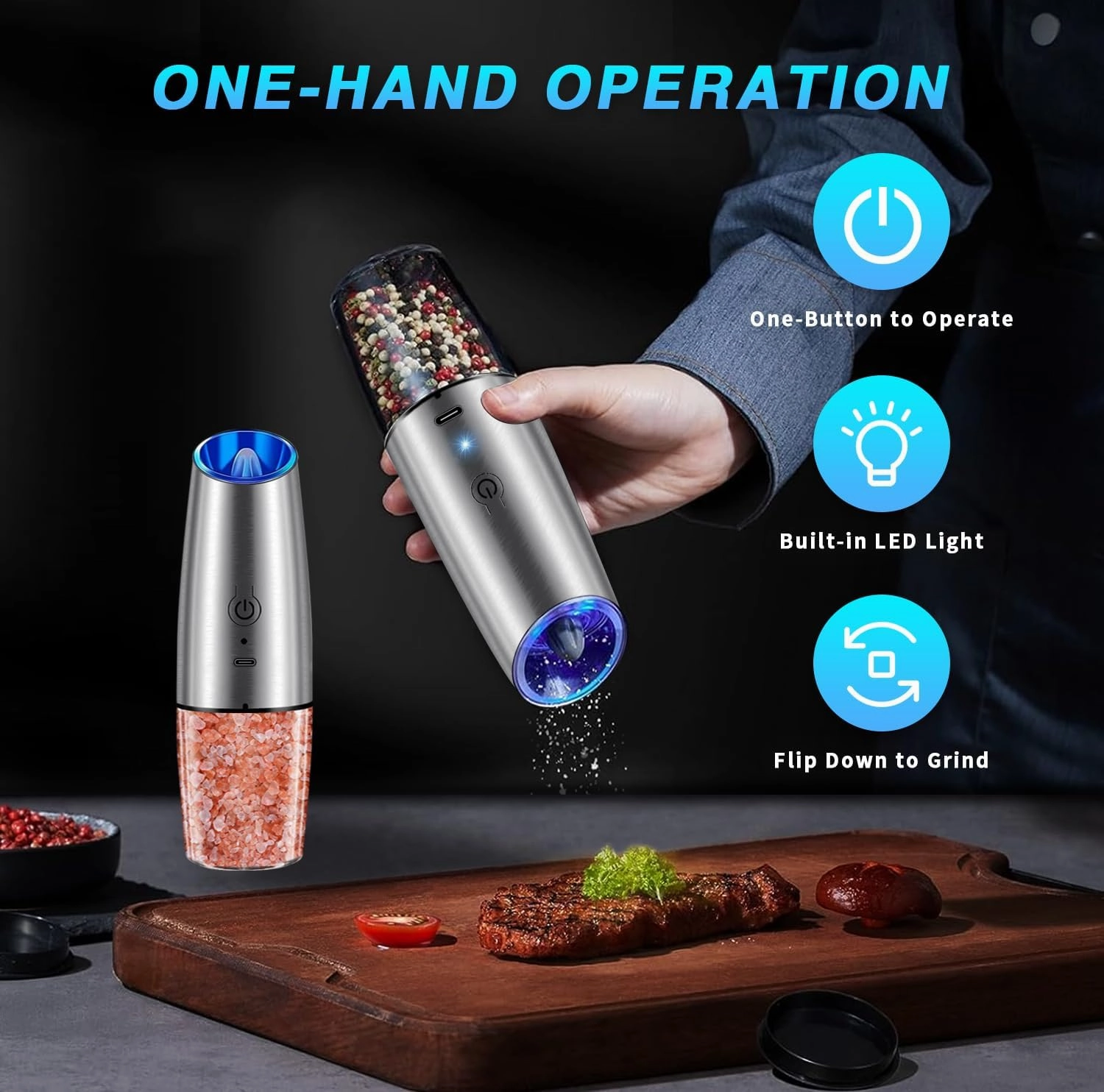 Electric Salt and Pepper Grinder Set, USB Rechargeable Pepper Mills with LED Light, Stainless Steel Automatic Spice Grinders Refillable Salt Shakers with Adjustable Coarseness Silver