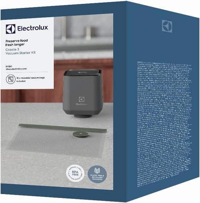 Electrolux Handheld 23EVSL01AY Rechargeable Food Sealer and Vacuum Pump for storage and Sous Vide with Reusable Sealer Bags (10), Small, Gray