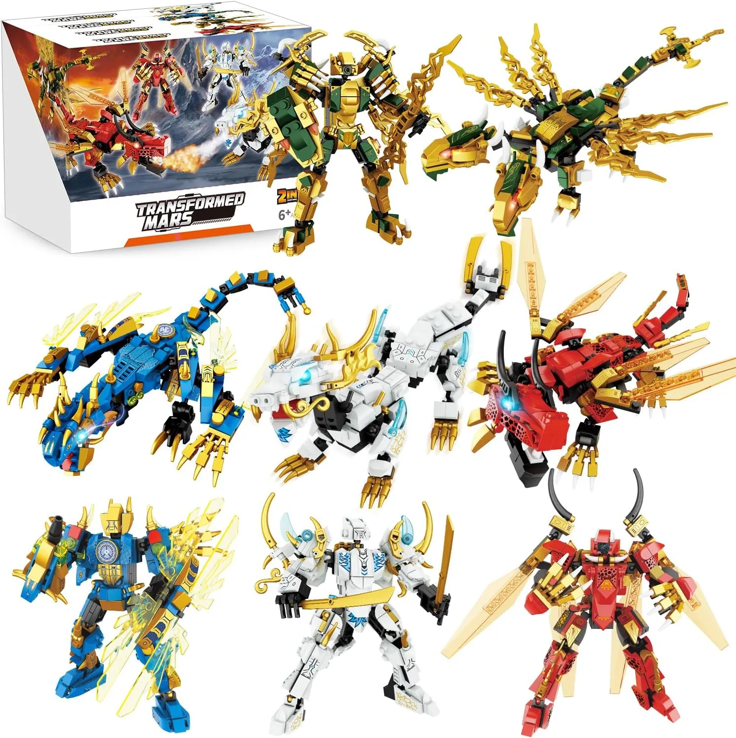 Elemental Dragon 2 in 1 Transformable Ninja Mech Warrior Building Toy Set, 1222 Pieces Feature Ice, Fire, Thunder, Golden 4 Elemental, Creative for Kids, Boys, and Girls Ages 6 