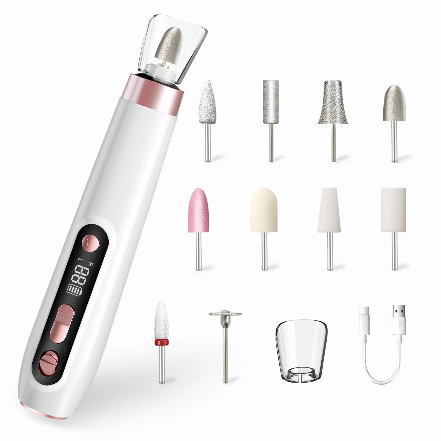 ENGERWALL Professional Manicure Pedicure Kit, Electric Nail File Set, Portable Cordless Electric Nail Drill Machine, 10 Speeds Nail Care Tool for Grind Trim Polish, White