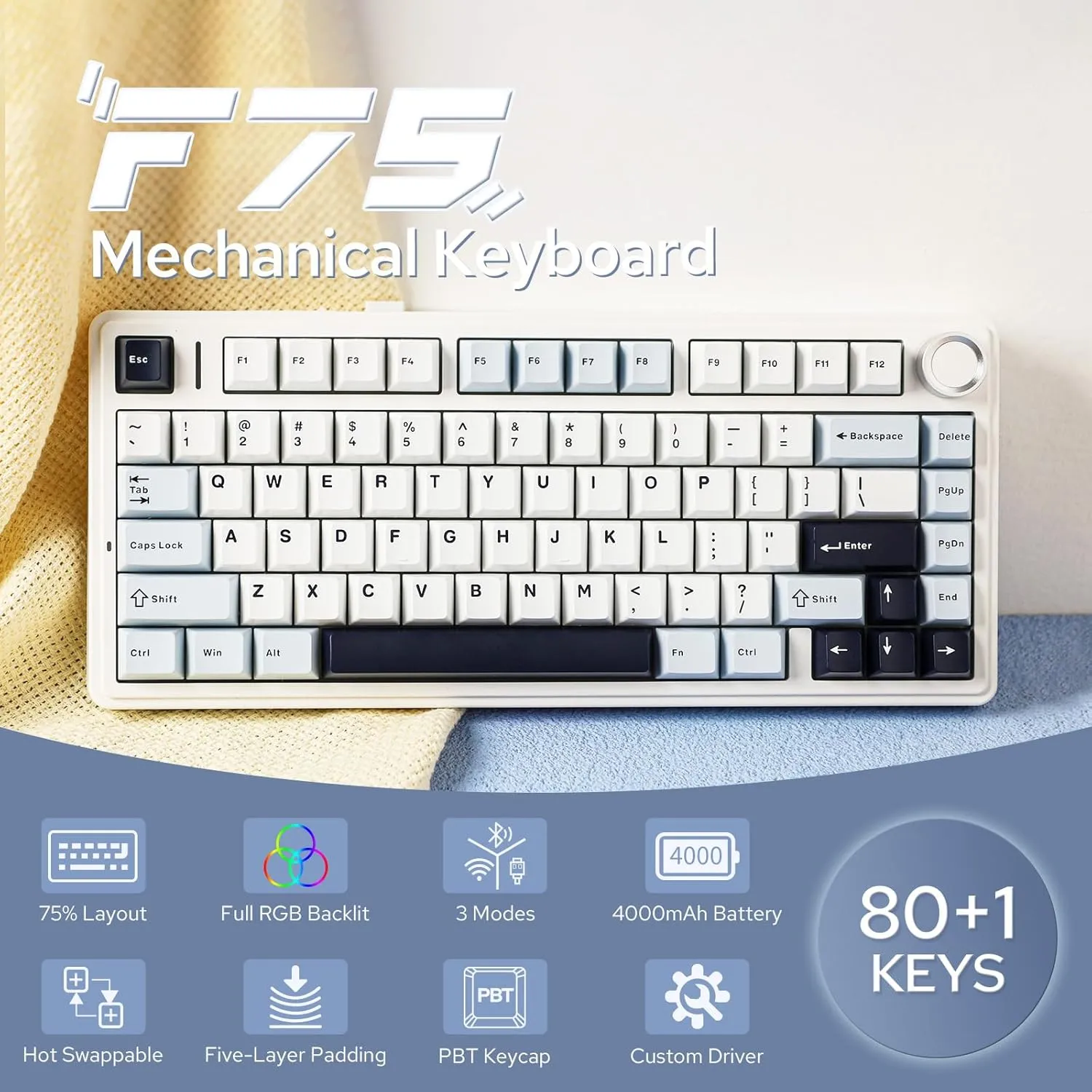 EPOMAKER x Aula F75 Gasket Mechanical Keyboard, 75% Wireless Hot Swappable Gaming Keyboard with Five-Layer Padding&Knob, Bluetooth/2.4GHz/USB-C, RGB (Light Blue, LEOBOG Reaper Switch)
