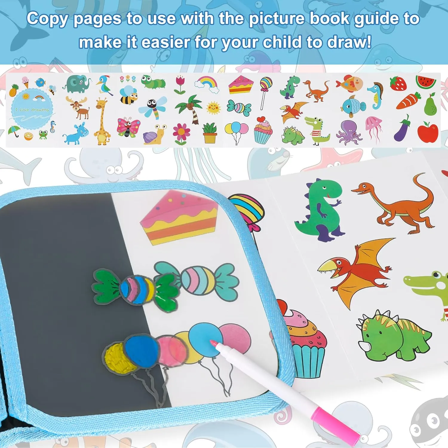 Erasable Doodle Set for Kids - Reusable Magic Drawing Book with 12 Watercolor Pens 14 Page Drawing, Road Trip Car Game Writing Painting Set for Boys and Girls (Fish)