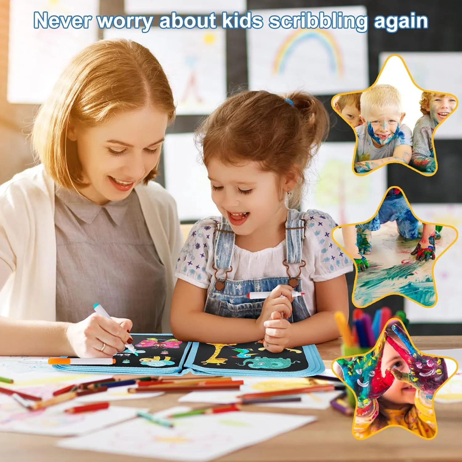 Erasable Doodle Set for Kids - Reusable Magic Drawing Book with 12 Watercolor Pens 14 Page Drawing, Road Trip Car Game Writing Painting Set for Boys and Girls (Fish)