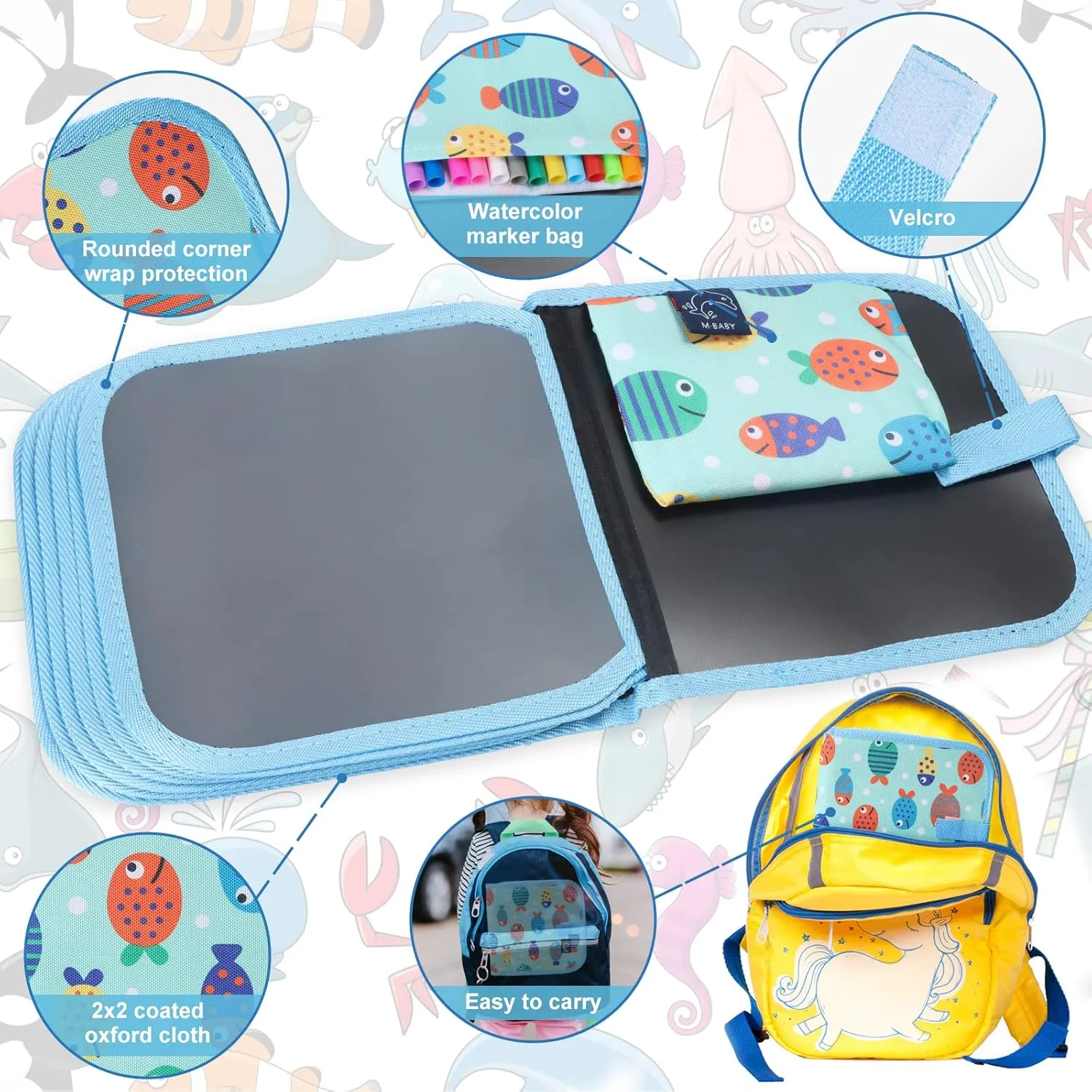 Erasable Doodle Set for Kids - Reusable Magic Drawing Book with 12 Watercolor Pens 14 Page Drawing, Road Trip Car Game Writing Painting Set for Boys and Girls (Fish)