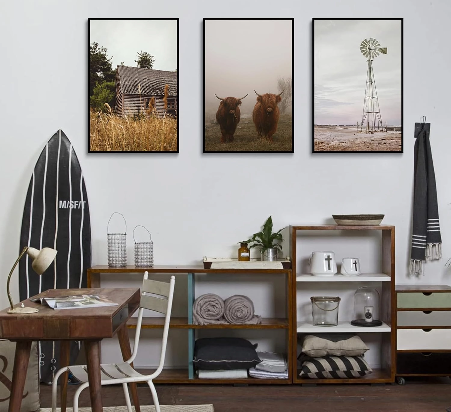 Esejchiam 3pcs Farmhouse Wall Art Country Wall Decor Barn Highland Cow Windmill Pictures Prints Countryside Landscape Posters Canvas Paintings for Farmhouse Bedroom Living Room Decoration Unframed