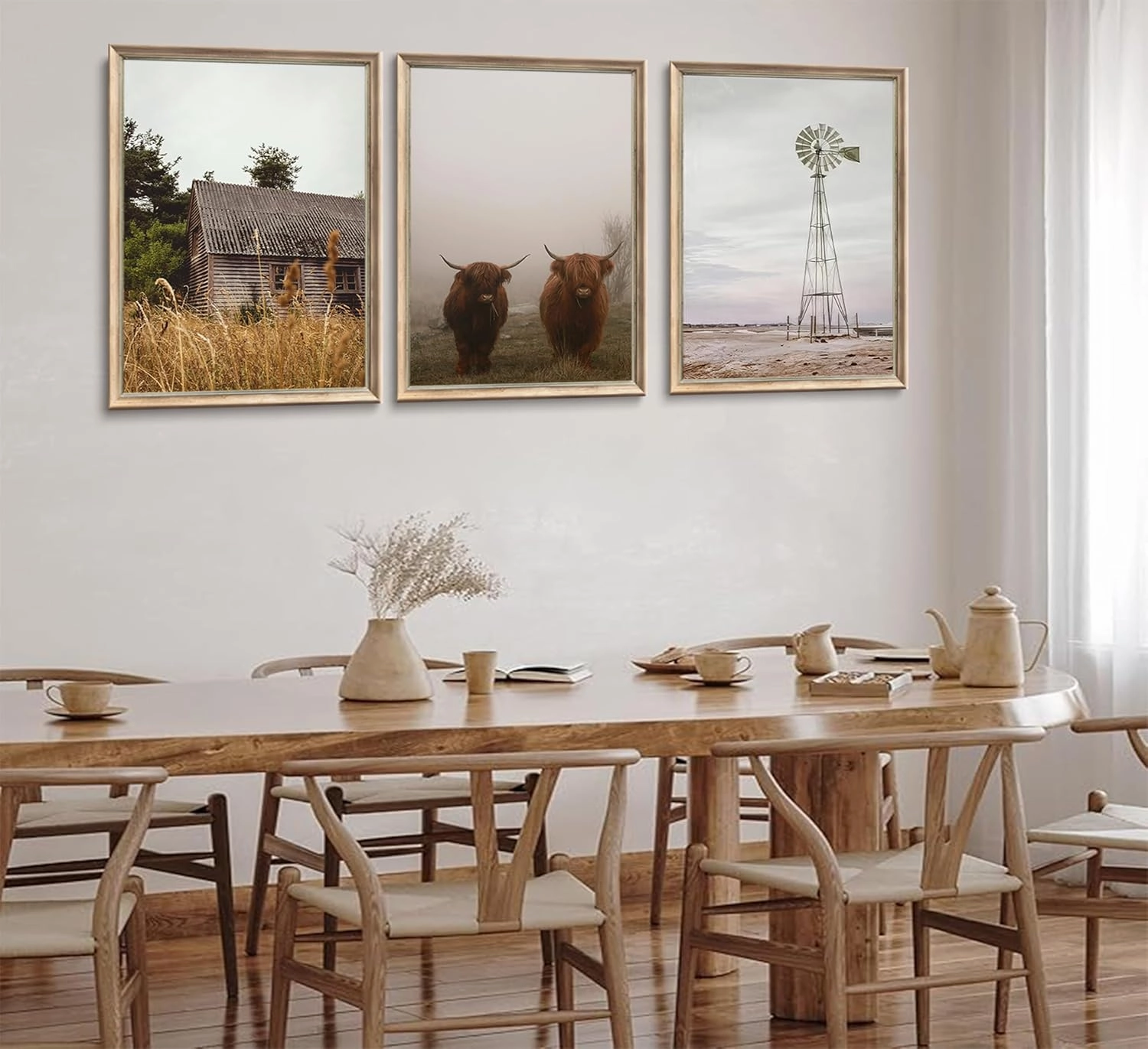 Esejchiam 3pcs Farmhouse Wall Art Country Wall Decor Barn Highland Cow Windmill Pictures Prints Countryside Landscape Posters Canvas Paintings for Farmhouse Bedroom Living Room Decoration Unframed