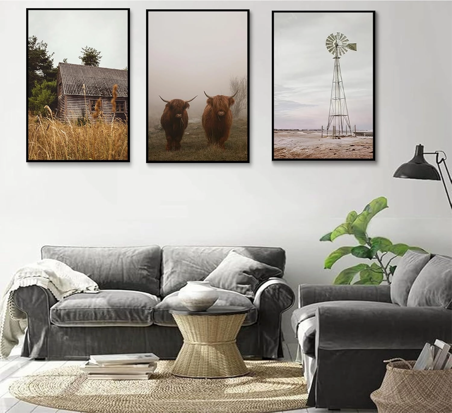 Esejchiam 3pcs Farmhouse Wall Art Country Wall Decor Barn Highland Cow Windmill Pictures Prints Countryside Landscape Posters Canvas Paintings for Farmhouse Bedroom Living Room Decoration Unframed