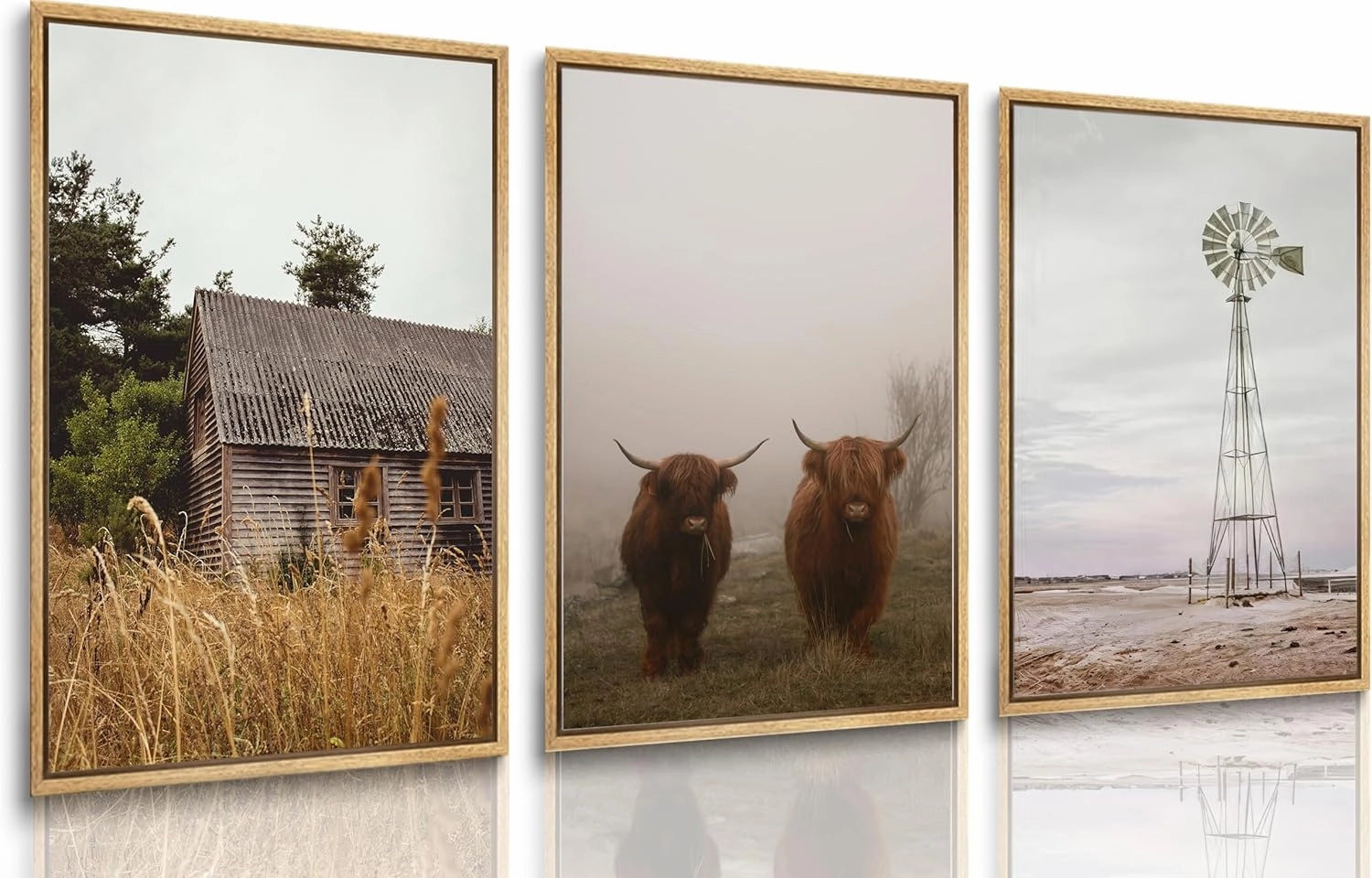 Esejchiam 3pcs Farmhouse Wall Art Country Wall Decor Barn Highland Cow Windmill Pictures Prints Countryside Landscape Posters Canvas Paintings for Farmhouse Bedroom Living Room Decoration Unframed
