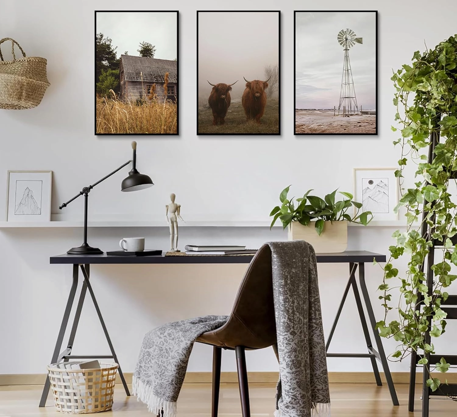 Esejchiam 3pcs Farmhouse Wall Art Country Wall Decor Barn Highland Cow Windmill Pictures Prints Countryside Landscape Posters Canvas Paintings for Farmhouse Bedroom Living Room Decoration Unframed