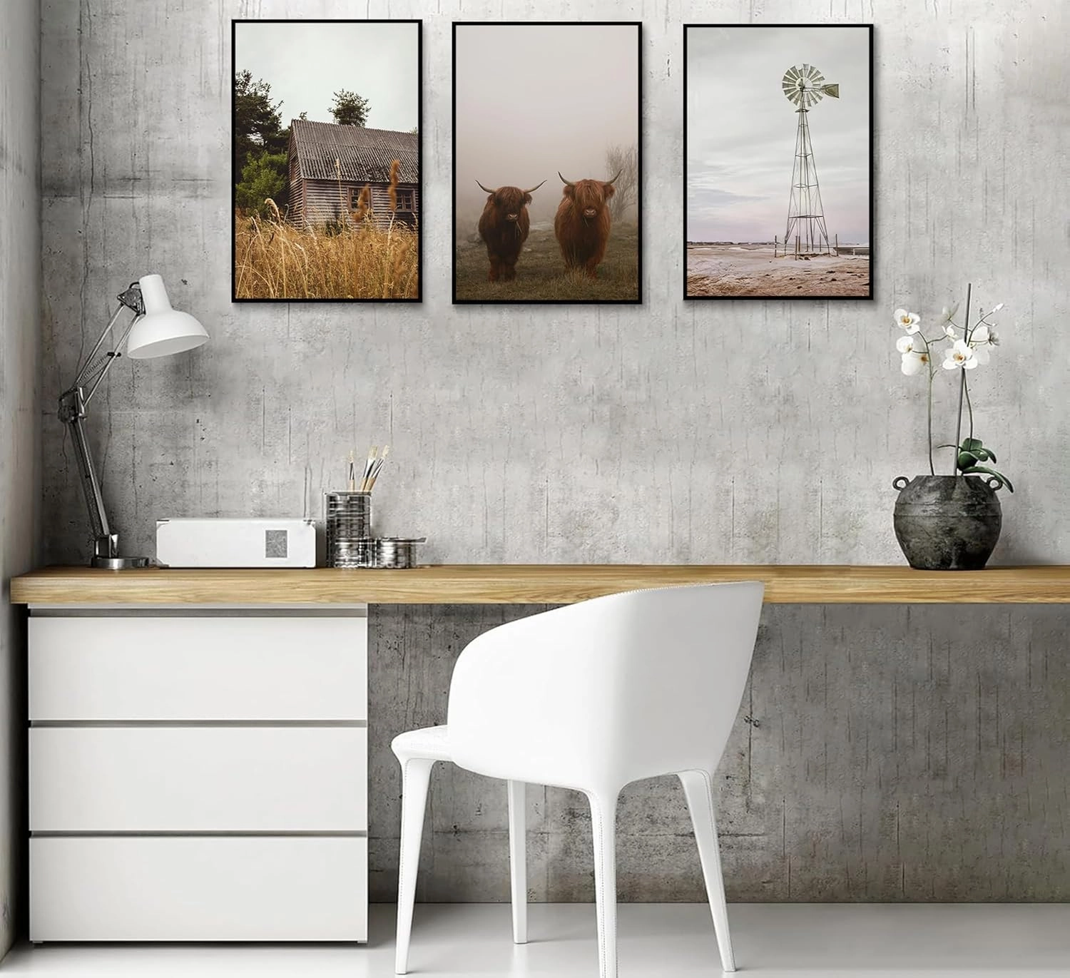 Esejchiam 3pcs Farmhouse Wall Art Country Wall Decor Barn Highland Cow Windmill Pictures Prints Countryside Landscape Posters Canvas Paintings for Farmhouse Bedroom Living Room Decoration Unframed