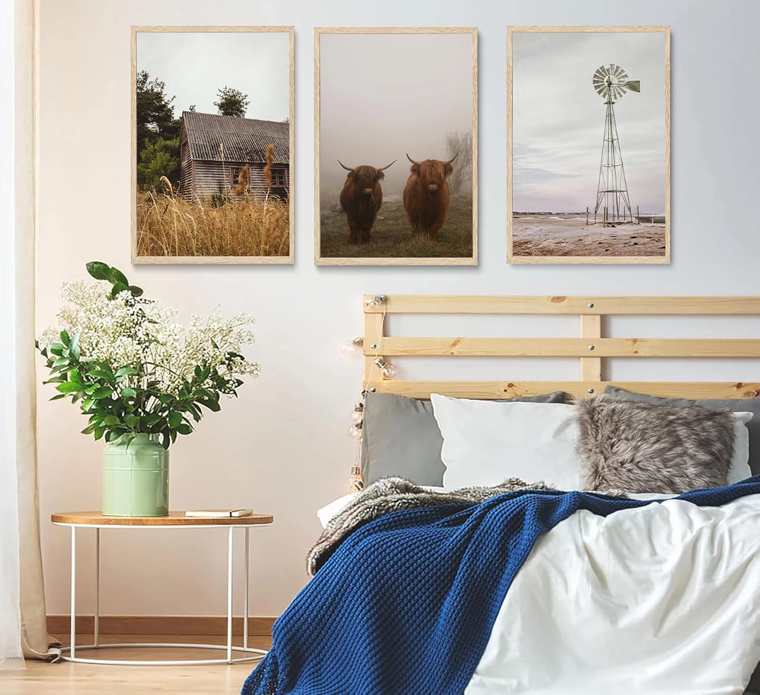 Esejchiam 3pcs Farmhouse Wall Art Country Wall Decor Barn Highland Cow Windmill Pictures Prints Countryside Landscape Posters Canvas Paintings for Farmhouse Bedroom Living Room Decoration Unframed