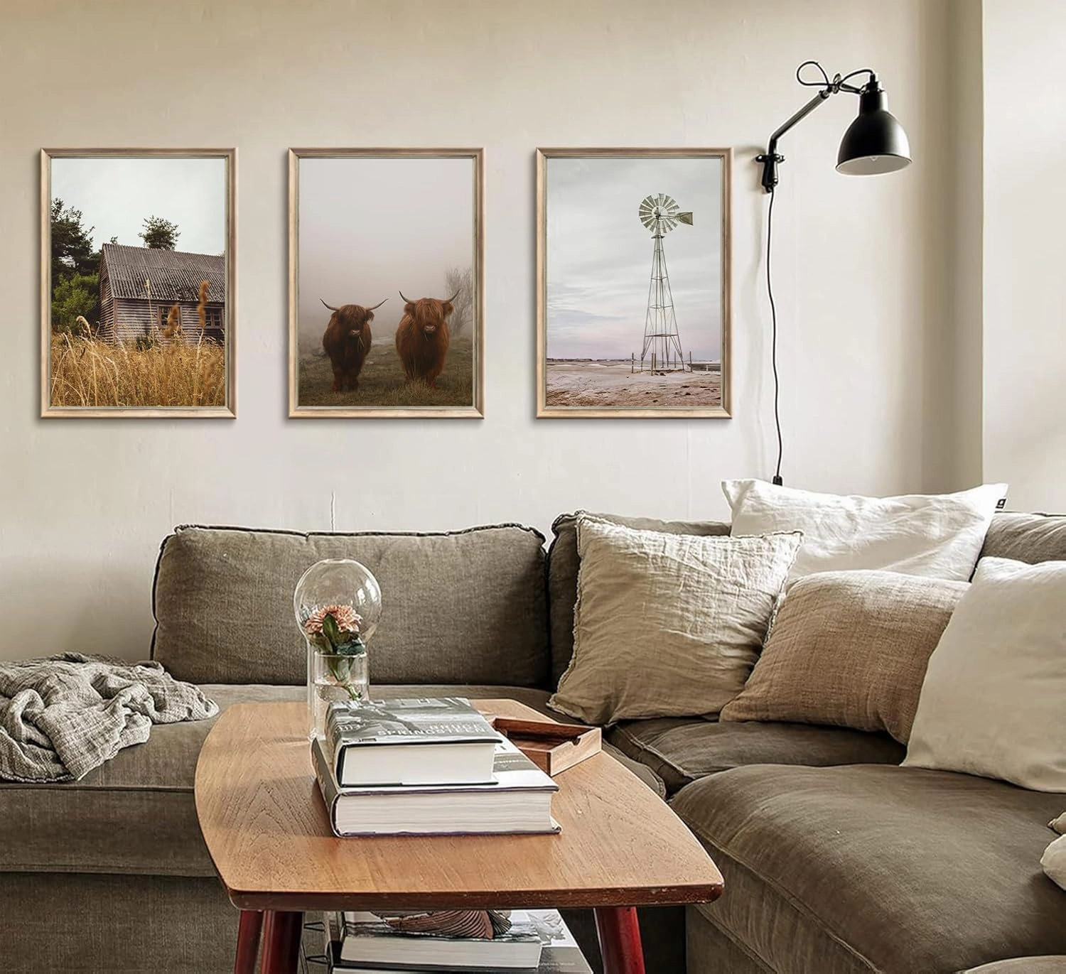 Esejchiam 3pcs Farmhouse Wall Art Country Wall Decor Barn Highland Cow Windmill Pictures Prints Countryside Landscape Posters Canvas Paintings for Farmhouse Bedroom Living Room Decoration Unframed