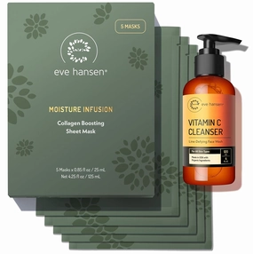 Eve Hansen Vitamin C Cleanser & Collagen Face Mask Sheets – Natural, Hydrating Skincare with Aloe Vera, Hyaluronic Acid, Vitamin E – Set of 2 for Radiant Skin