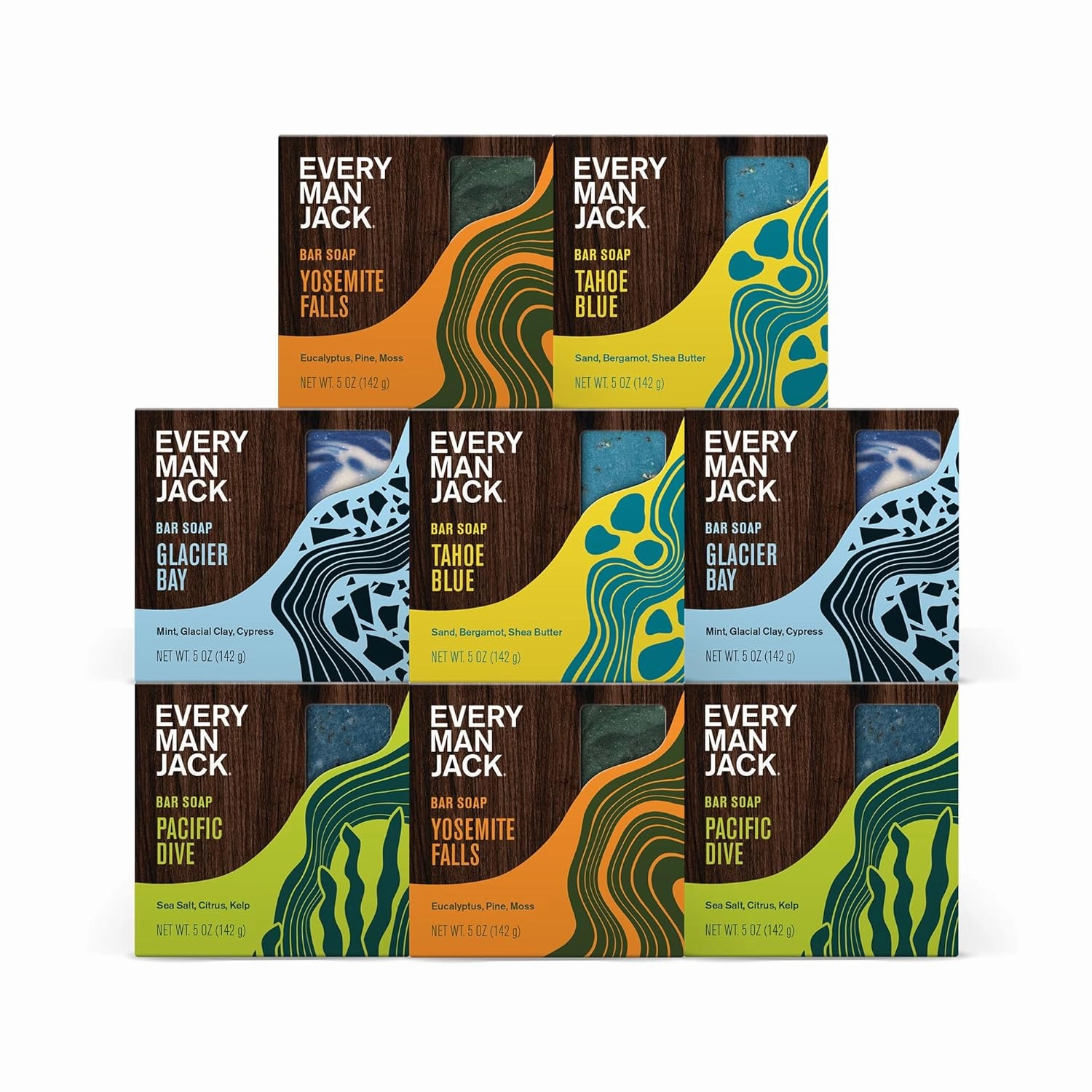 Every Man Jack Cold Plunge Mens Bar Soap Set - Deeply Cleans, Hydrates with Naturally Derived Ingredients - Iconic Cold Water Scents - Pacific Dive, Glacier Bay, Tahoe Blue, Yosemite Falls, 8 Bar Set