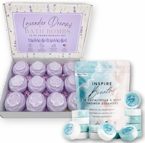 EvolutionUSA Lavender Bath Bombs for Women and Inspire Breathe Shower Steamers, Shower & Bath Gift Set for Women, Beautiful Lavender Bath Bombs Natural, Shower Bombs Eucalyptus & Mint