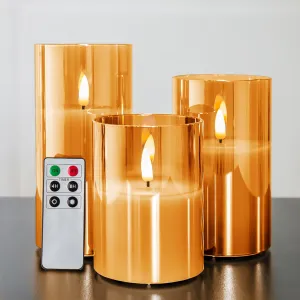 Eywamage Gold Glass Flameless Pillar Candles with Remote, Flickering Battery Operated LED Pillar Candles Set of 3