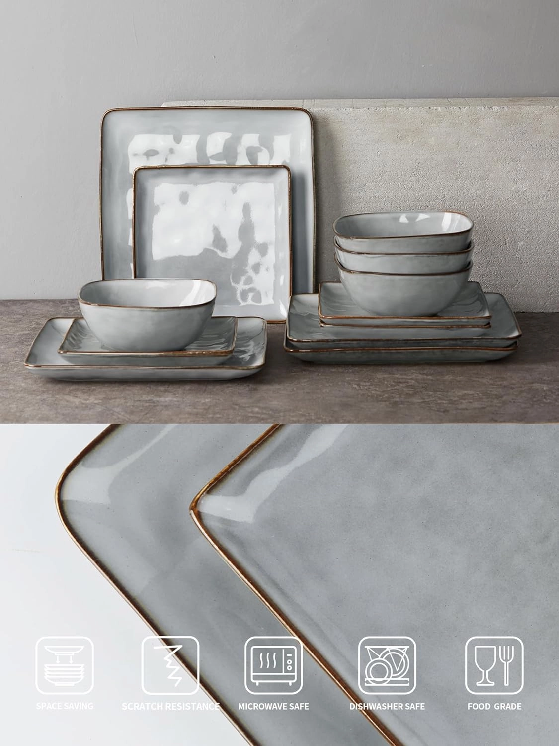 Famiware Dinnerware Sets for 4, Ocean Square 12-Piece Kitchen Plates and Bowls Sets, Reactive Glaze, Microwave and Dishwasher Safe, Scratch Resistant, Grey
