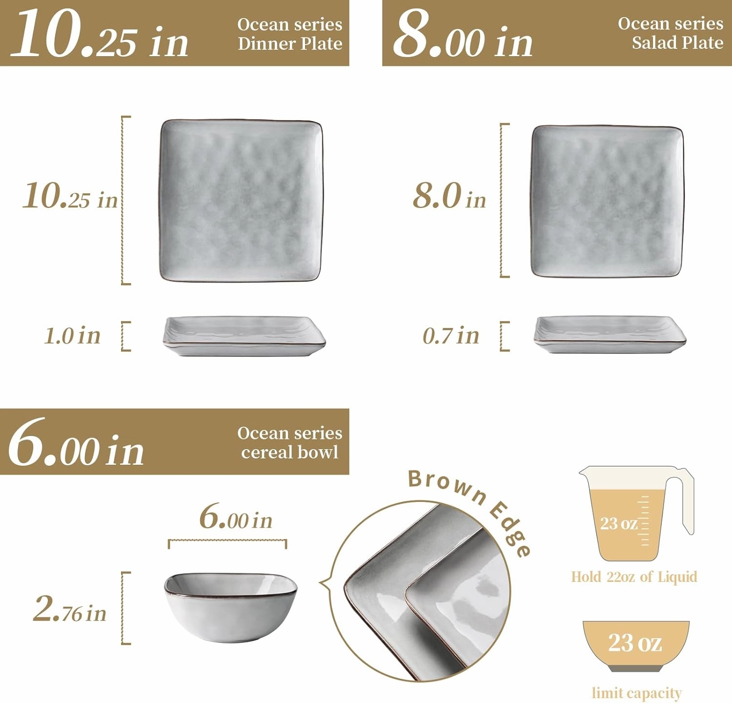 Famiware Dinnerware Sets for 4, Ocean Square 12-Piece Kitchen Plates and Bowls Sets, Reactive Glaze, Microwave and Dishwasher Safe, Scratch Resistant, Grey